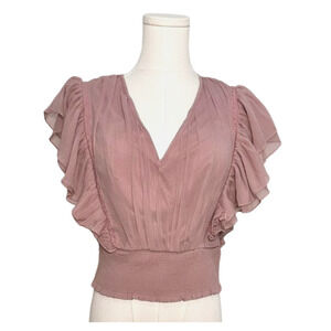 Forever That Girl Dusty Mauve Pink Smocked Ruffle Cap Sleeve V Neck Blouse XS